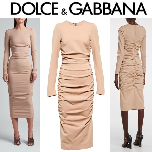 DOLCE&GABBANA Ruched Jersey Midi Dress sz 36 in Tan Beige 2492$ - Picture 1 of 16